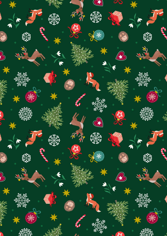 PRE-ORDER - Scattered festive on green (with gold metallic) - Christmas in Bluebell Wood Fabric collection for Lewis & Irene - AVAILABLE END OF JUNE APPROX.