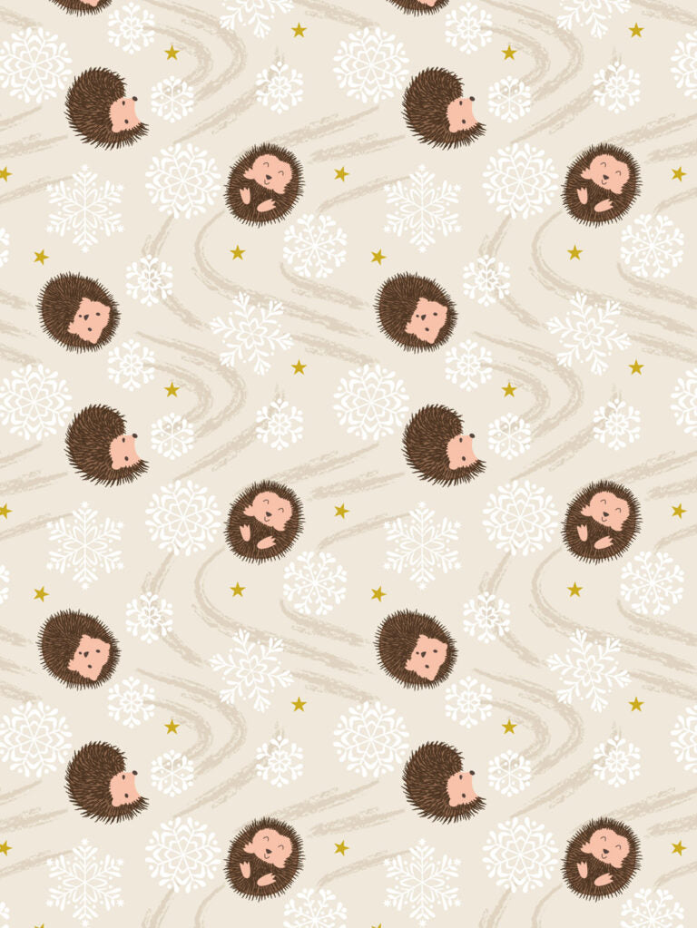 PRE-ORDER - Snowflake hedgehog on cream (with gold metallic) - Christmas in Bluebell Wood Fabric collection for Lewis & Irene - AVAILABLE END OF JUNE APPROX.