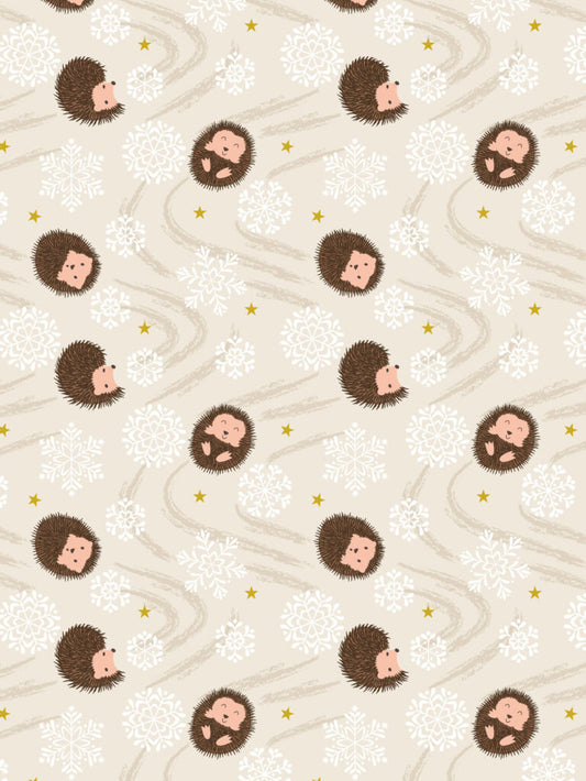 PRE-ORDER - Snowflake hedgehog on cream (with gold metallic) - Christmas in Bluebell Wood Fabric collection for Lewis & Irene - AVAILABLE END OF JUNE APPROX.
