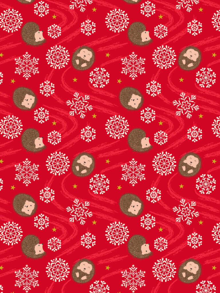 PRE-ORDER - Snowflake hedgehog on red (with gold metallic) - Christmas in Bluebell Wood Fabric collection for Lewis & Irene - AVAILABLE END OF JUNE APPROX.