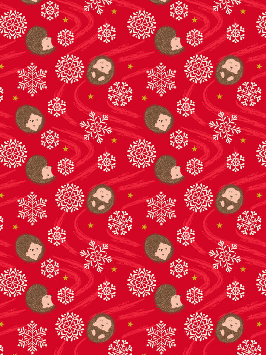 PRE-ORDER - Snowflake hedgehog on red (with gold metallic) - Christmas in Bluebell Wood Fabric collection for Lewis & Irene - AVAILABLE END OF JUNE APPROX.