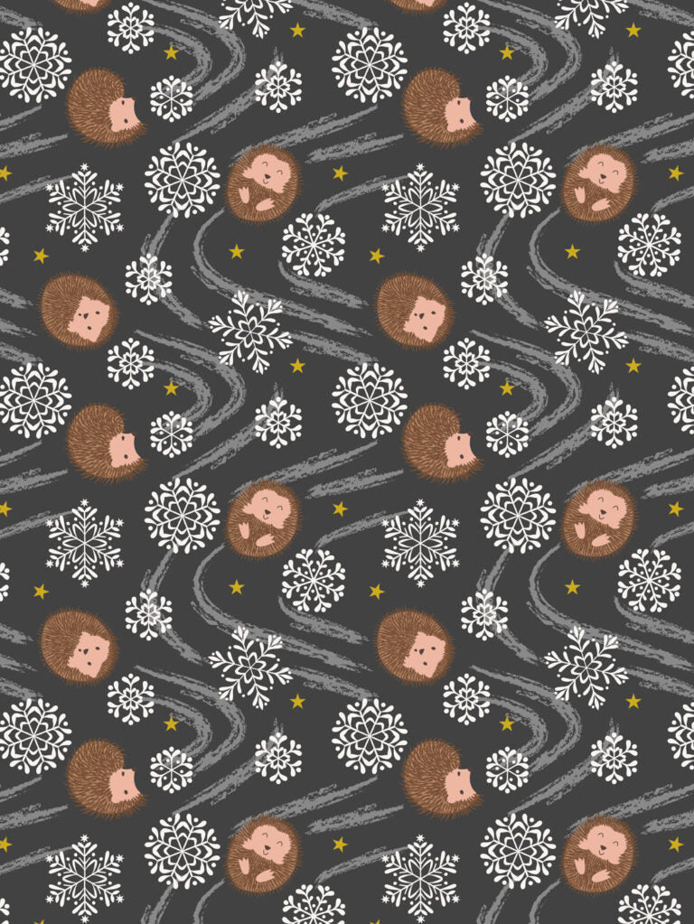 PRE-ORDER - Snowflake hedgehog on night time (with gold metallic) - Christmas in Bluebell Wood Fabric collection for Lewis & Irene - AVAILABLE END OF JUNE APPROX.