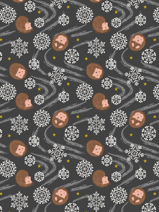 PRE-ORDER - Snowflake hedgehog on night time (with gold metallic) - Christmas in Bluebell Wood Fabric collection for Lewis & Irene - AVAILABLE END OF JUNE APPROX.