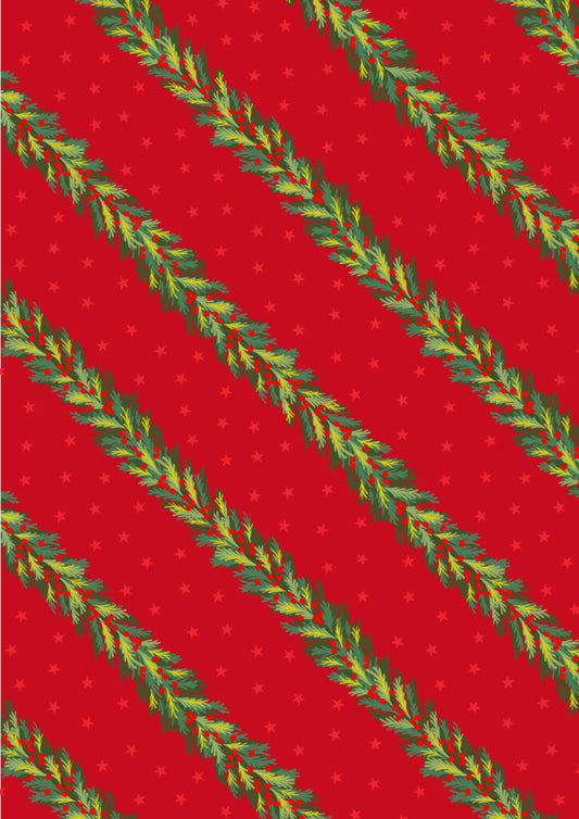 PRE-ORDER - Spruce garland on red (with gold metallic) - Christmas in Bluebell Wood Fabric collection for Lewis & Irene - AVAILABLE END OF JUNE APPROX.