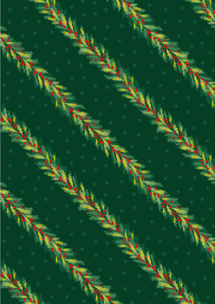 PRE-ORDER - Spruce garland on red (with gold metallic) - Christmas in Bluebell Wood Fabric collection for Lewis & Irene - AVAILABLE END OF JUNE APPROX.