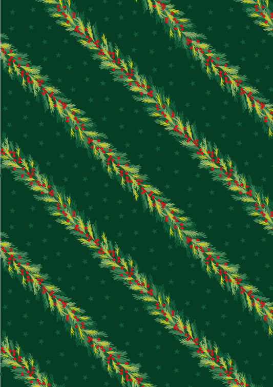 PRE-ORDER - Spruce garland on red (with gold metallic) - Christmas in Bluebell Wood Fabric collection for Lewis & Irene - AVAILABLE END OF JUNE APPROX.