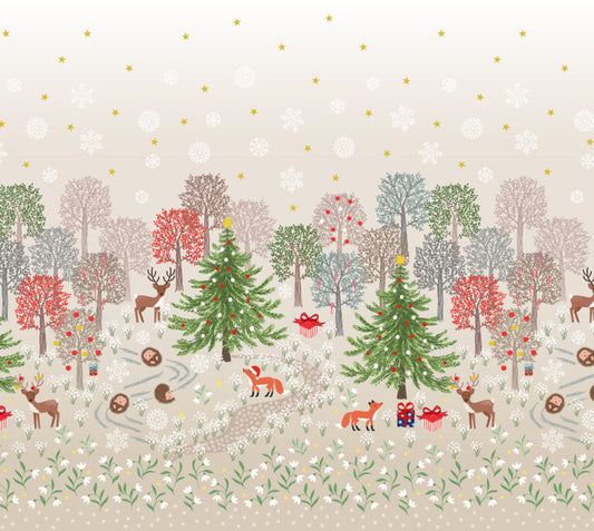 PRE-ORDER - Christmas in Bluebell Wood double edge border panel (with gold metallic) - Christmas in Bluebell Wood Fabric collection for Lewis & Irene - AVAILABLE END OF JUNE APPROX.