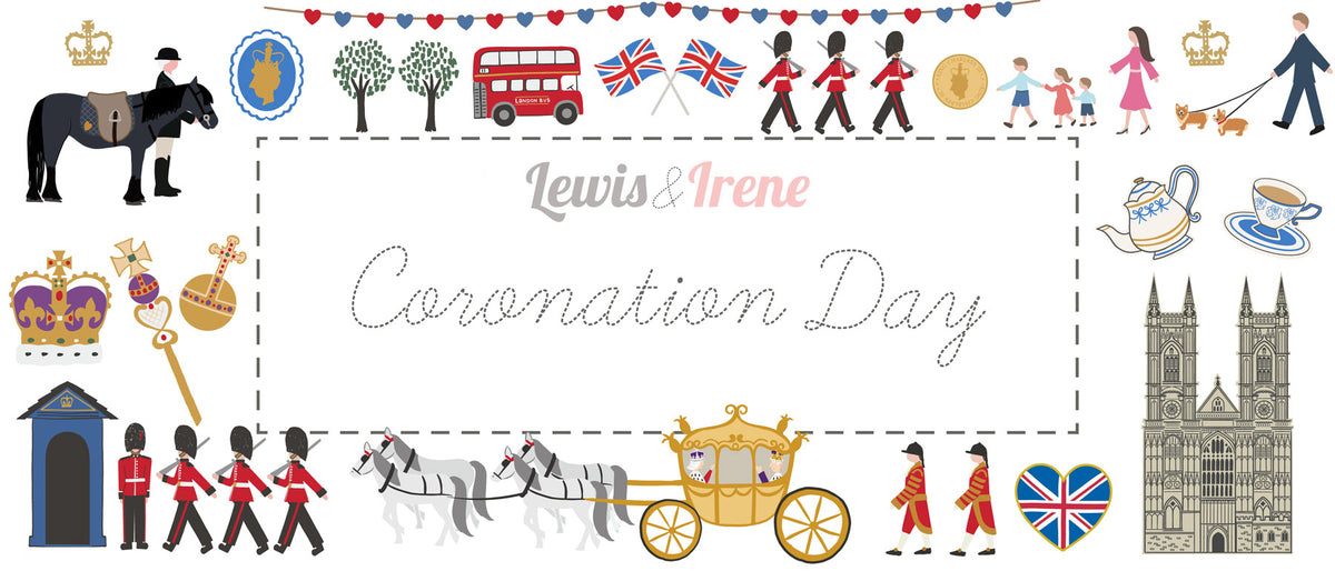 Tea party on purple with gold metallic Coronation Day - Fabric Collection by Lewis & Irene