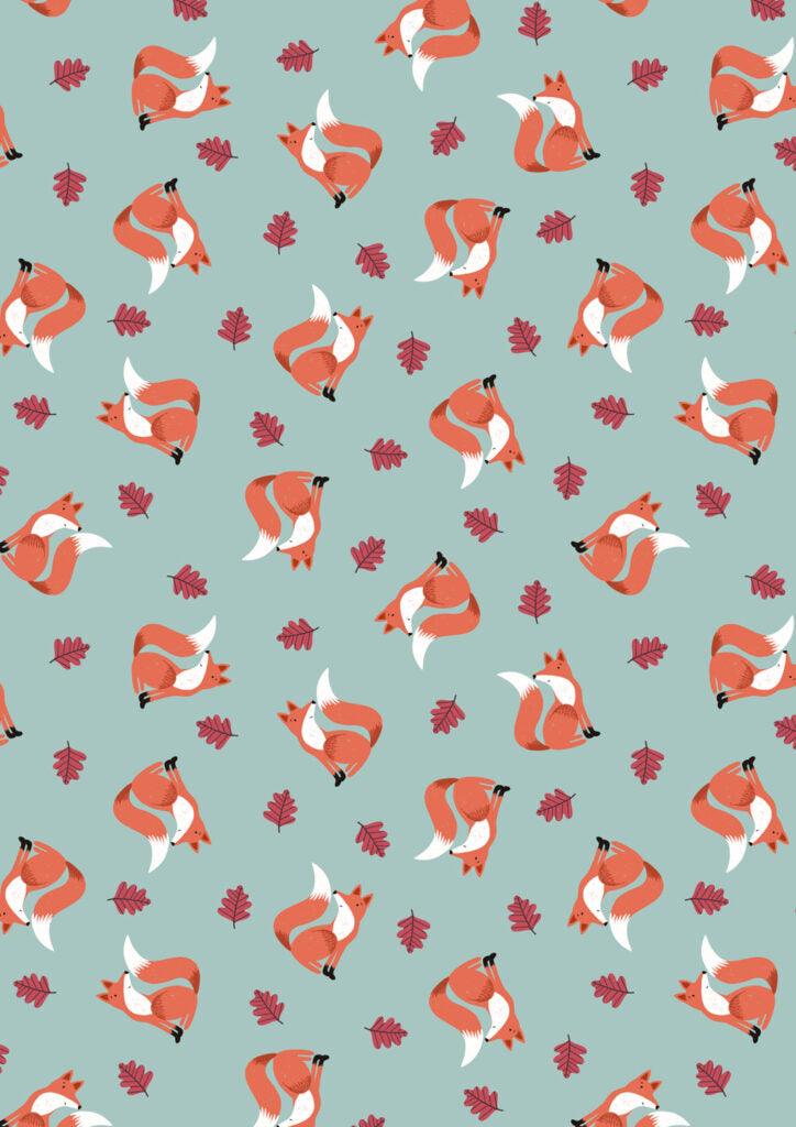 Friendly fox on duck egg flannel - Country Comforts Flannel - Fabrics collection by Lewis & Irene