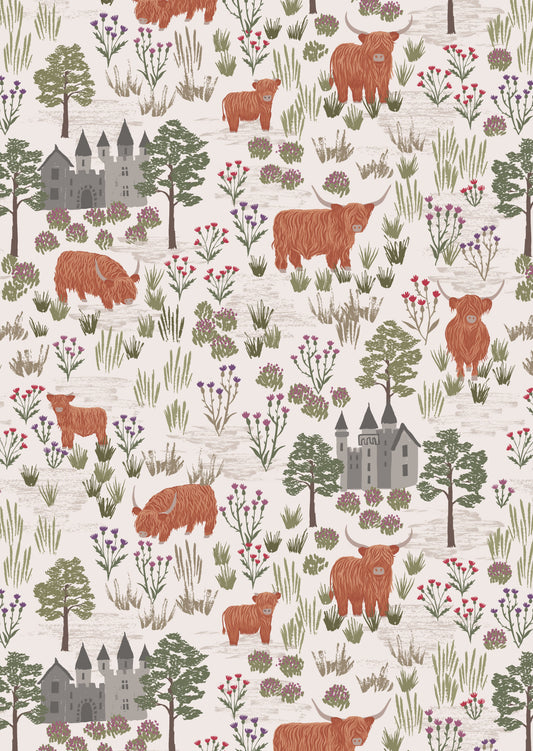 Castle and Highland Cattle on dark cream - Loch Lewis Flannel by Length & Fat Quarters - by Lewis & Irene
