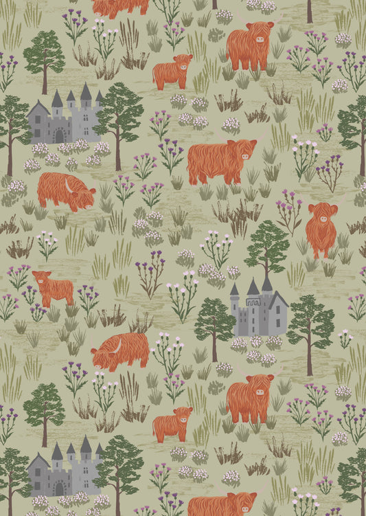 Castles and highland cattle on light sage - Loch Lewis Flannel by Length & Fat Quarters - by Lewis & Irene