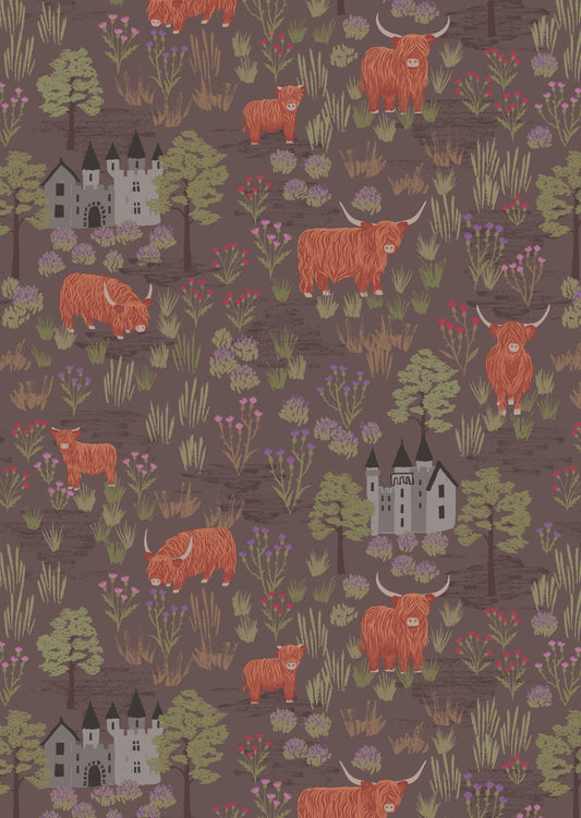 Castles and highland cattle on mocha - Loch Lewis Flannel by Length & Fat Quarters - by Lewis & Irene