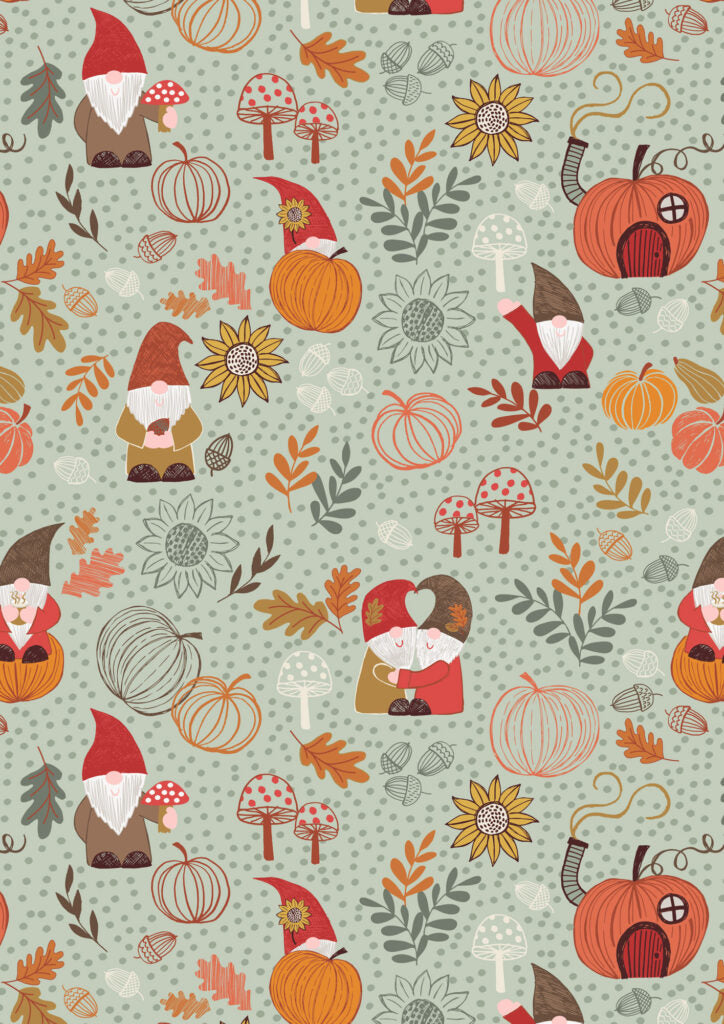 Snuggle-Up Season Flannel - Autumn gnomes on Light Sage - Fabrics collection by Lewis & Irene