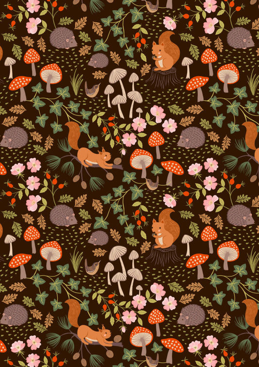 Snuggle-Up Season Flannel - Squirrels & hedgehogs on Dark Brown - Fabrics collection by Lewis & Irene