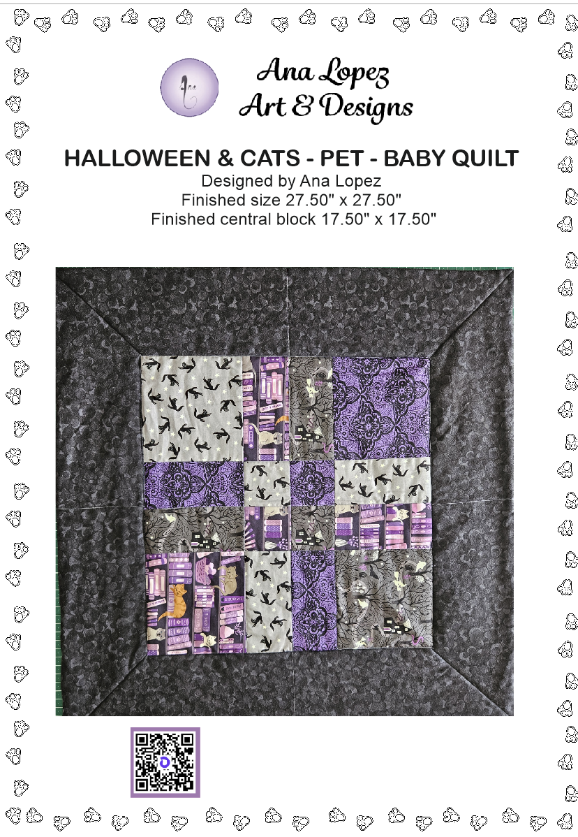 Pet - Baby Quilt Kit - Halloween & Cats. All included. Size 27.5" X 27.5"