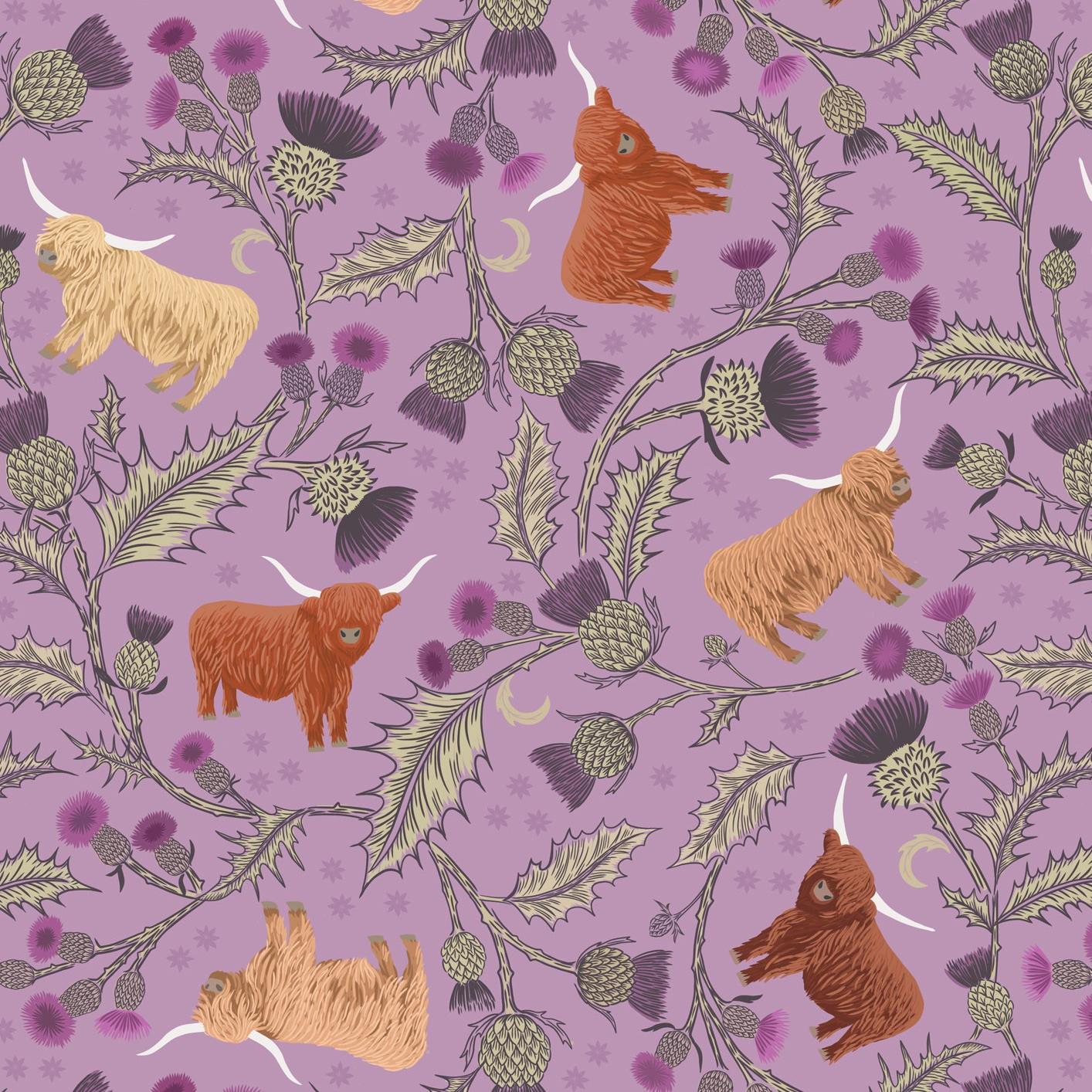Highlands cows on light cream - Highlands Fabrics Collection by Lewis & Irene