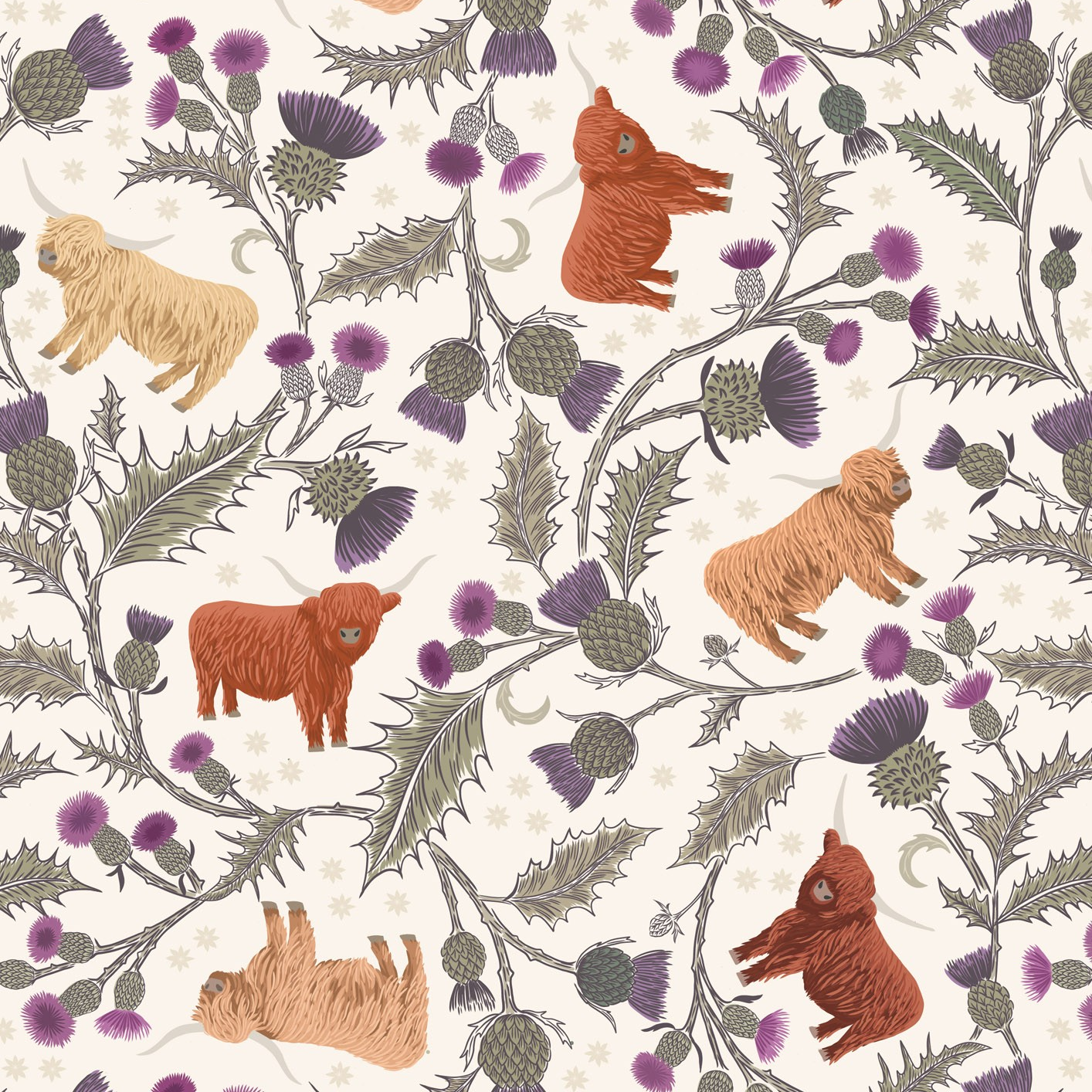 Highlands cows on light cream - Highlands Fabrics Collection by Lewis & Irene