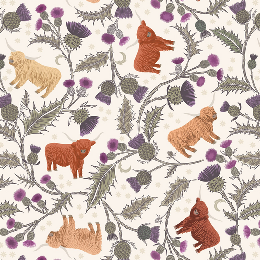 Highland cow and thistle on light cream - Highlands Fabrics Collection by Lewis & Irene