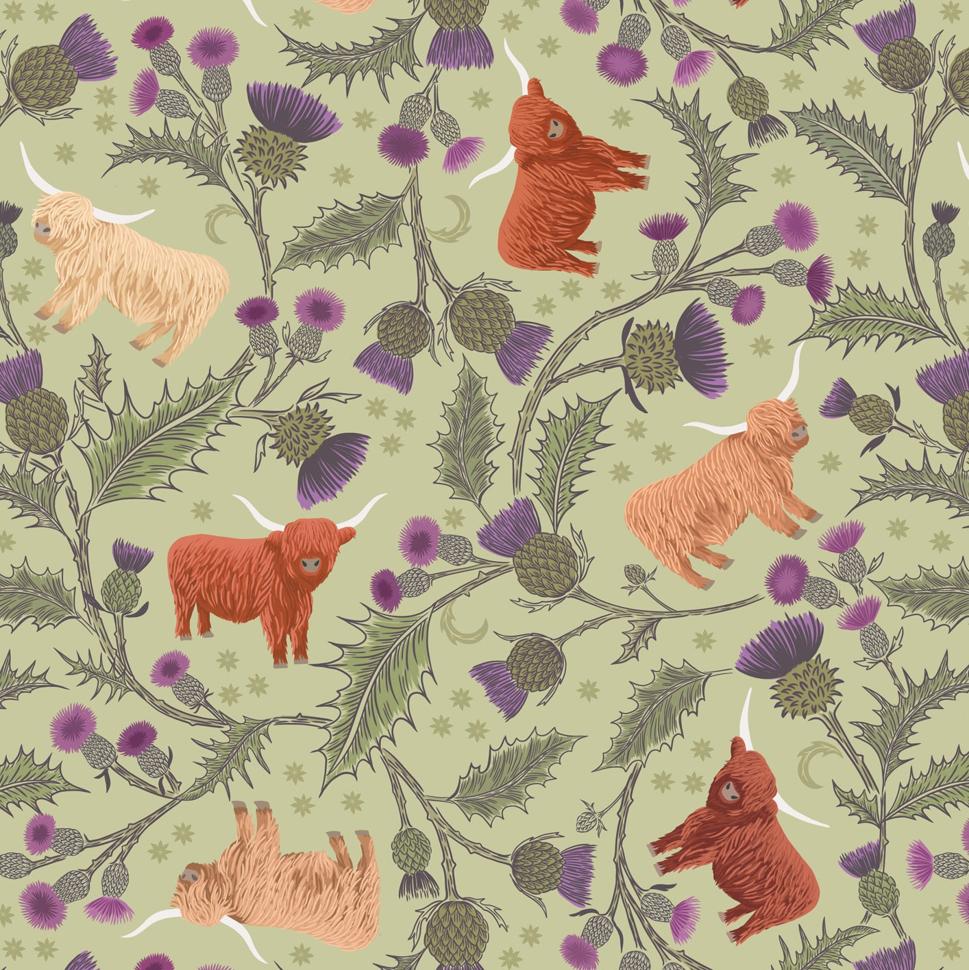 Highlands cows on light cream - Highlands Fabrics Collection by Lewis & Irene