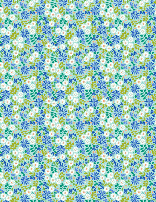 Floral burst aqua and blue - Boho Blooms by Lewis & Irene - by Length & Fat Quarter