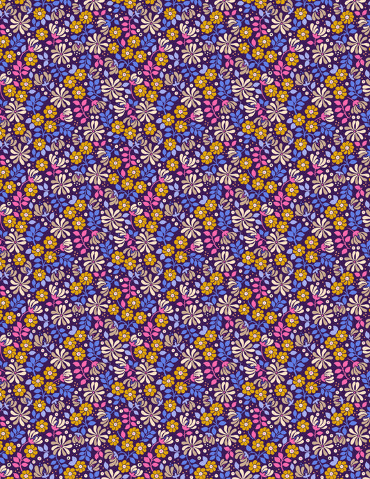 Floral burst on dark purple - Boho Blooms by Lewis & Irene - by Length & Fat Quarter
