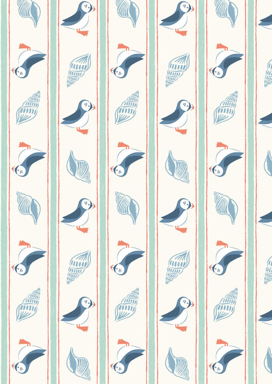 Seas the Day - Puffin stripe - Fabric Collection by Lewis & Irene by Length & Fat Quarter