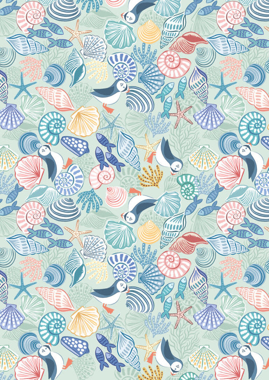 Seas the Day - Puffins and shells - Fabric Collection by Lewis & Irene by Length & Fat Quarter