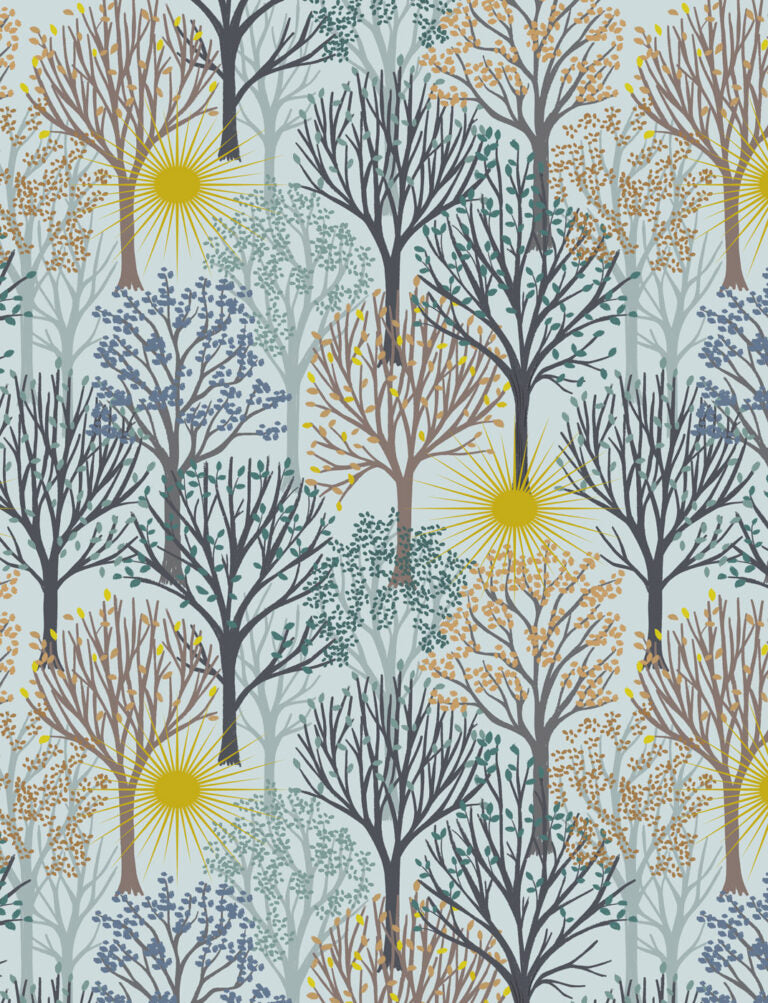 Winter solstice tree on light sky (with gold metallic) Fabric Collection by Lewis & Irene
