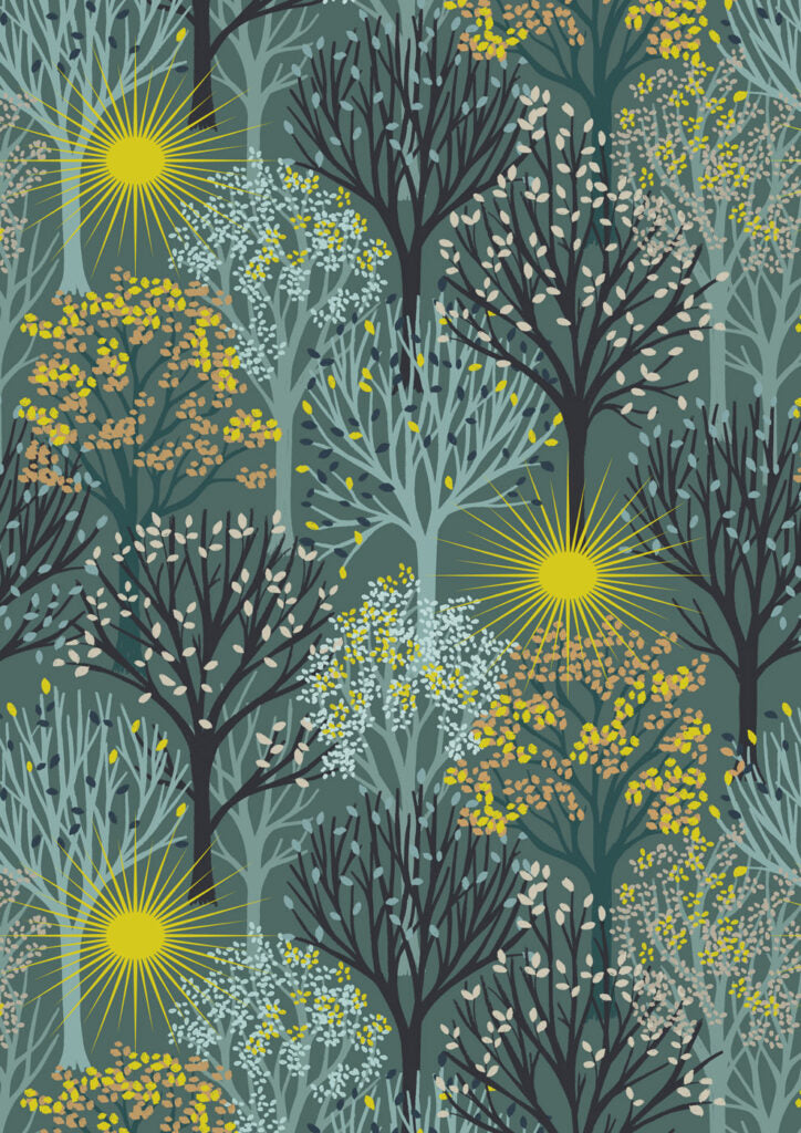 Winter solstice tree on teal (with gold metallic) Fabric Collection by Lewis & Irene