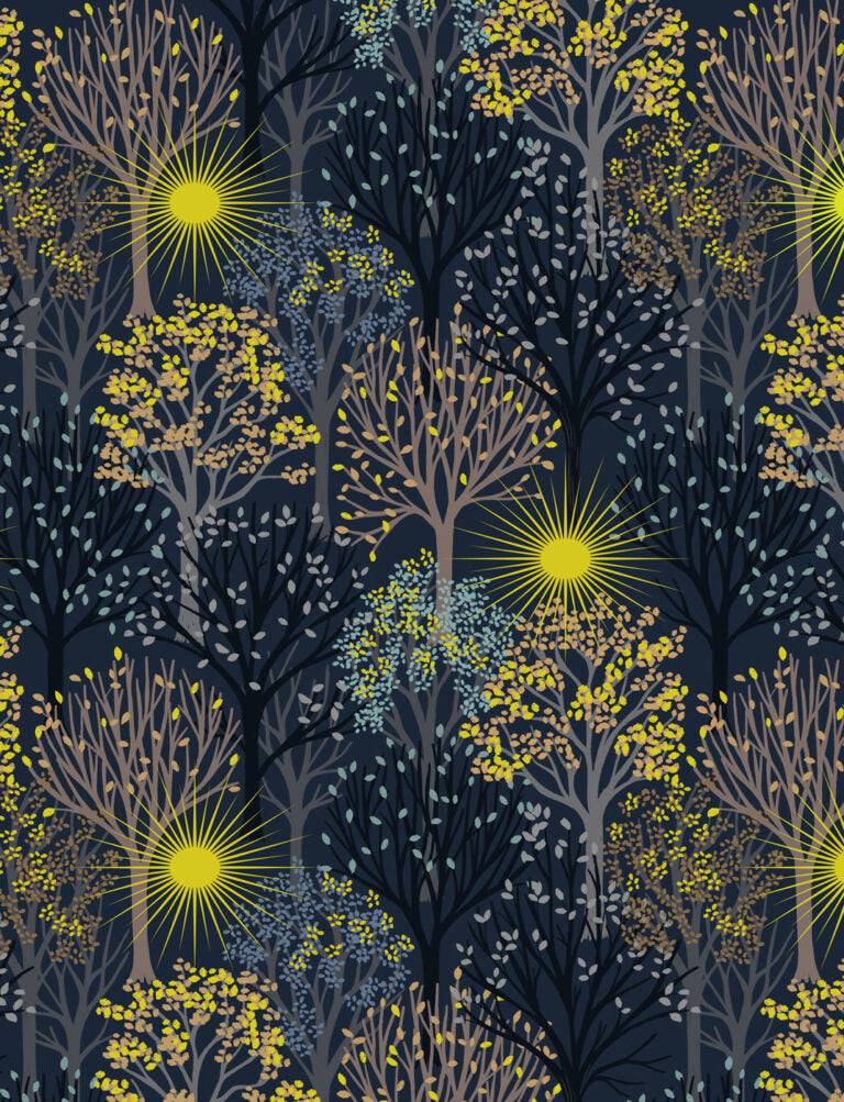 Winter solstice tree on midnight blue (with gold metallic) Fabric Collection by Lewis & Irene