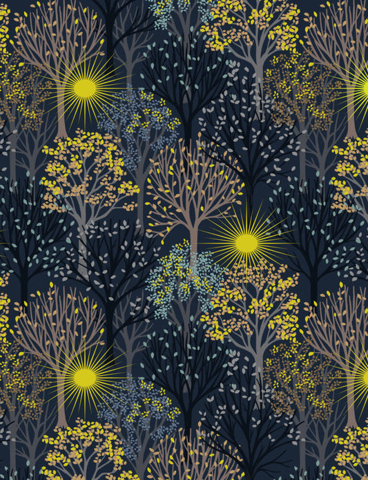 Winter solstice tree on midnight blue (with gold metallic) Fabric Collection by Lewis & Irene