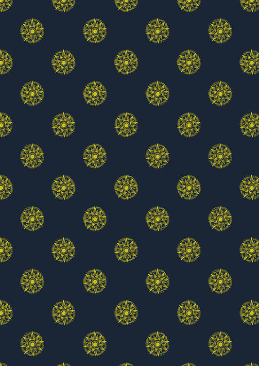 Winter solstice sun star on midnight blue (with gold metallic) Fabric Collection by Lewis & Irene