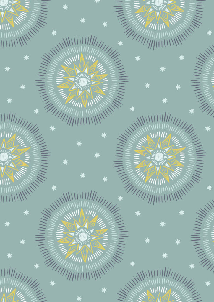 Winter solstice sun star on verdigris (with gold metallic) Fabric Collection by Lewis & Irene