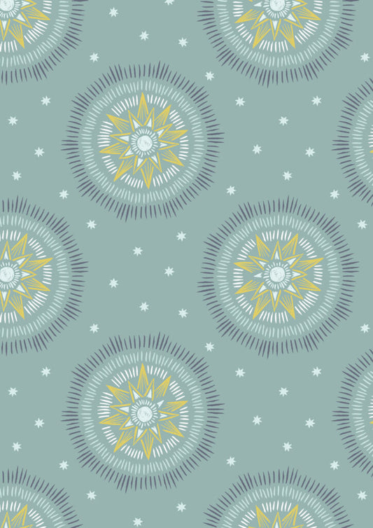 Winter solstice sun star on verdigris (with gold metallic) Fabric Collection by Lewis & Irene