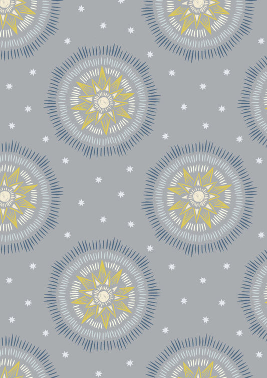 Winter solstice sun star on grey (with gold metallic) Fabric Collection by Lewis & Irene