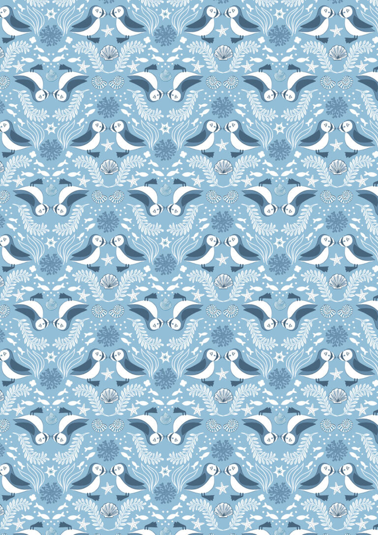 Seas the Day - Mirrored puffin blue  - Fabric Collection by Lewis & Irene by Length & Fat Quarter