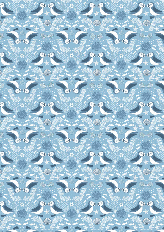 Seas the Day - Mirrored puffin blue  - Fabric Collection by Lewis & Irene by Length & Fat Quarter