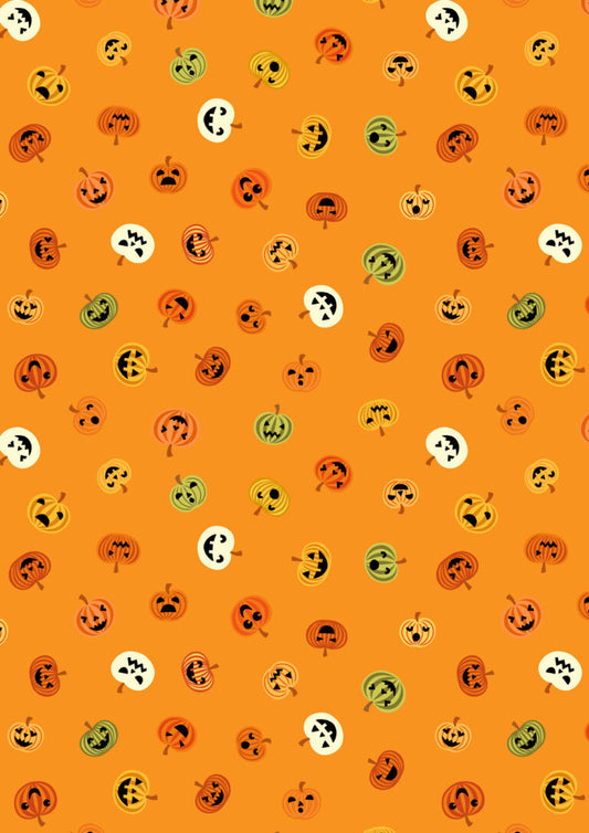 Scattered jack o lanterns (glow in the dark) - Transylvania Glow fabric collection by Lewis & Irene