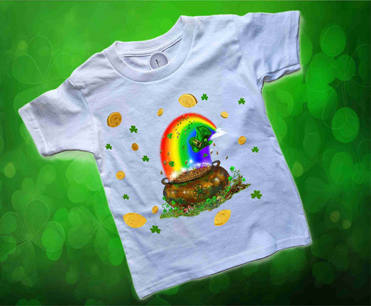 St Patrick's Day - Pot of Gold for Toddlers, and Youth. Print on a Cotton Short Sleeve White T-Shirt. Comfy and excellent quality Tees.