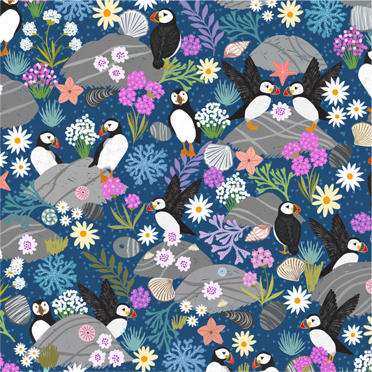Puffin bay Puffins on dark blue- Puffin Rock Collection by Lewis & Irene - Available Now