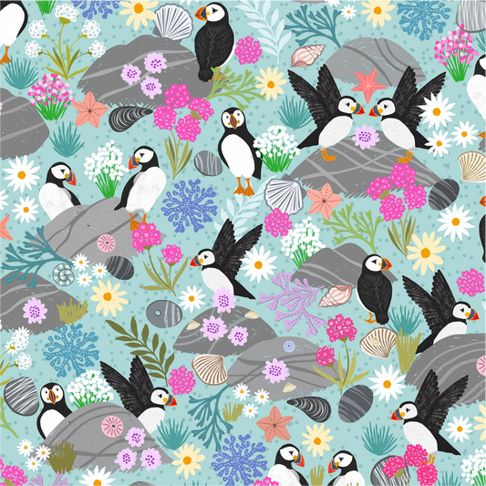 Puffin bay Puffins on sea blue - Puffin Rock Collection by Lewis & Irene - Available Now