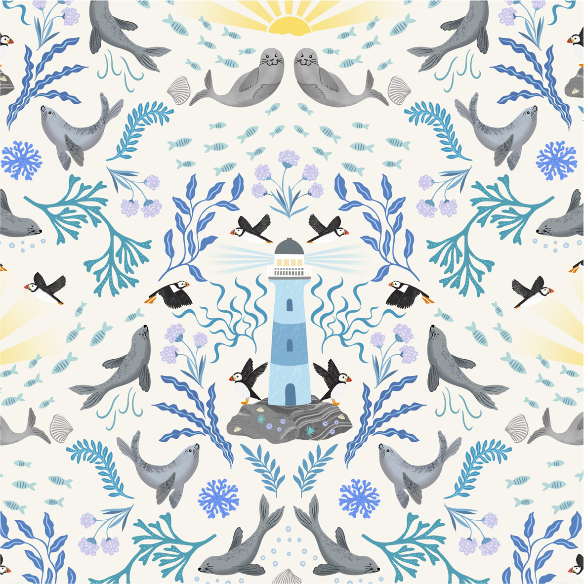 Puffin Rock Lighthouse on cream Fabrics - Puffin Rock Collection by Lewis & Irene - Available Now