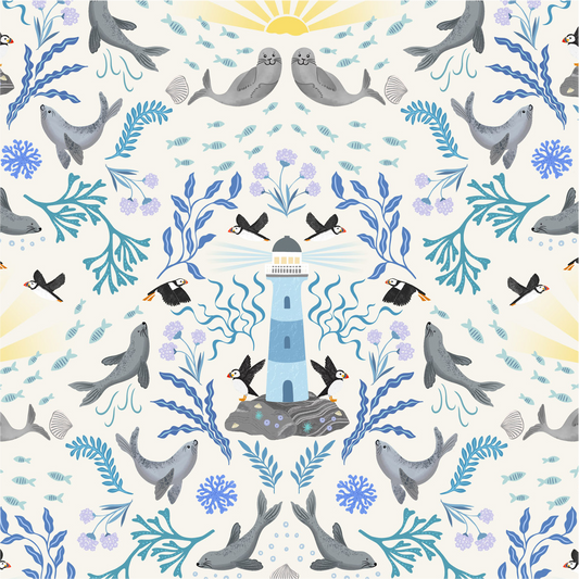 Puffin Rock Lighthouse on cream Fabrics - Puffin Rock Collection by Lewis & Irene - Available Now