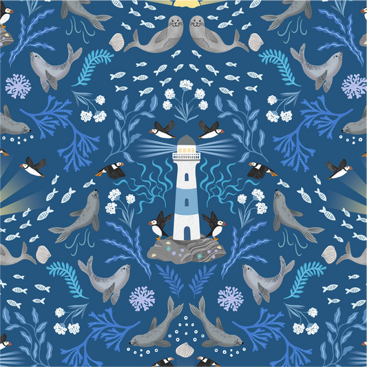 Puffin Rock Lighthouse on Dark Blue Fabrics - Puffin Rock Collection by Lewis & Irene - Available Now