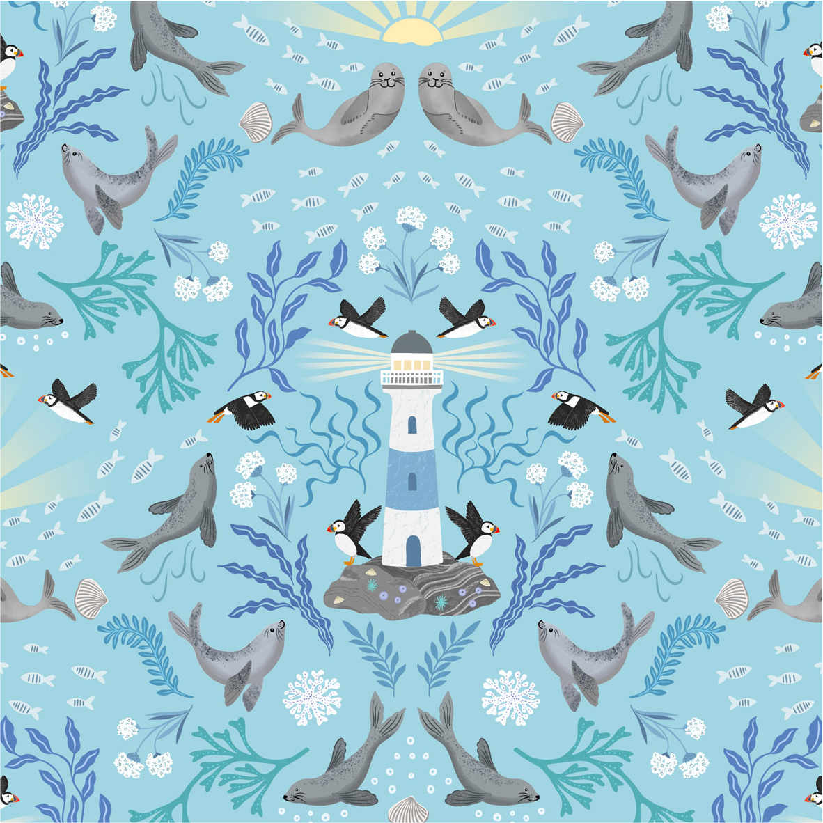 Puffin Rock Lighthouse on Light Blue - Puffin Rock Collection by Lewis & Irene - Available Now