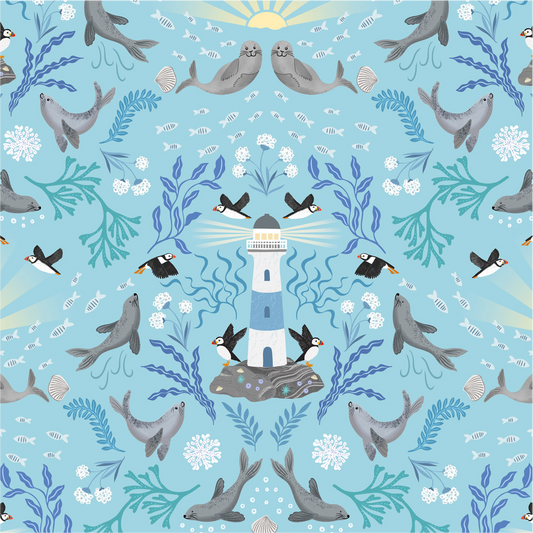 Puffin Rock Lighthouse on Light Blue - Puffin Rock Collection by Lewis & Irene - Available Now