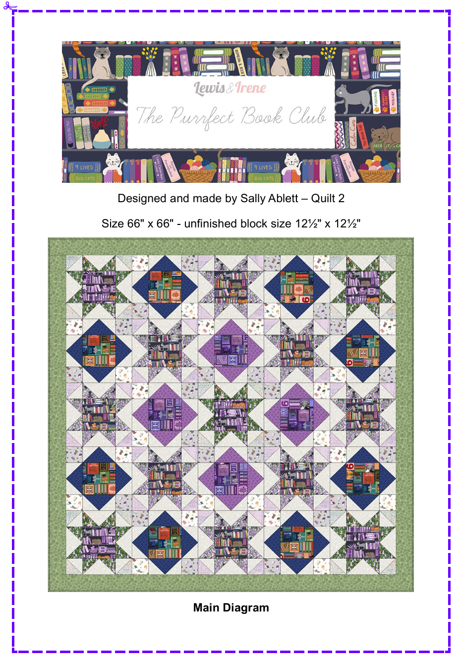Quilt Top Kit 2 - The Purrfect Book Club designed by Sally Ablett for Lewis & Irene Fabrics, 66"x66"