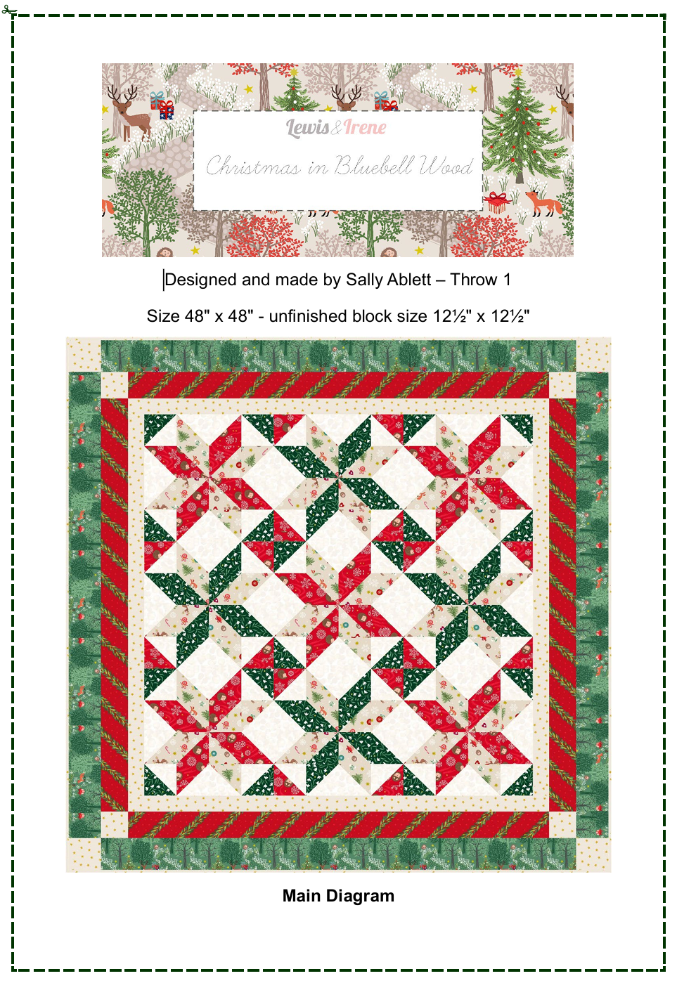 Quilt Throw Quilt Top Kit 1 - Christmas in Bluebell Wood (with gold metallic) -Size 48" x 48" designed by Sally Ablett for Lewis & Irene