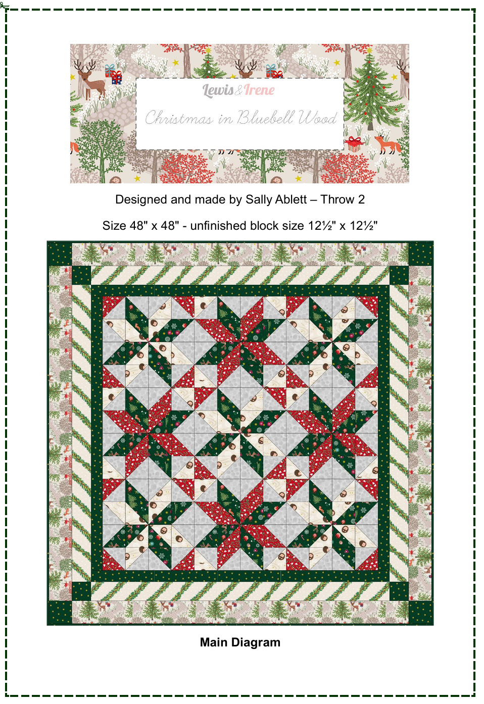 Quilt Throw Quilt Top Kit 2 - Christmas in Bluebell Wood (with gold metallic) -Size 48" x 48" designed by Sally Ablett for Lewis & Irene