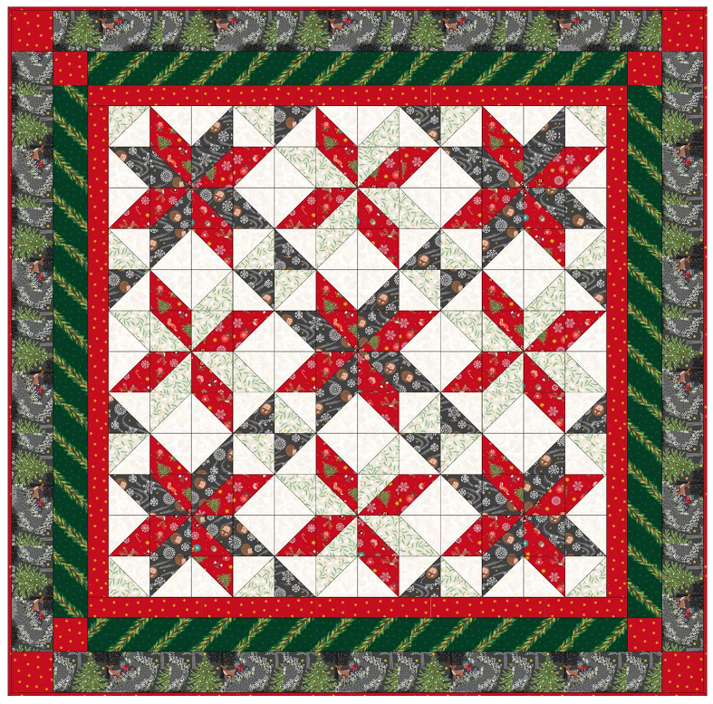 Quilt Throw Quilt Top Kit 3 - Christmas in Bluebell Wood (with gold metallic) -Size 48" x 48" designed by Sally Ablett for Lewis & Irene